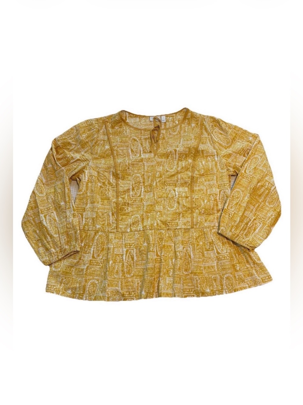 LOGO Lori Goldstein Peplum Top Yellow Cotton Blouse Boho Swing Toe Front Size XL